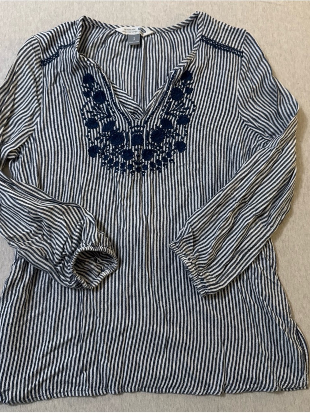 Old Navy Navy and White Striped Embroidered Peasant Tunic